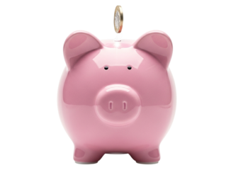 Close-up frontal view of a cheerful pink ceramic piggy bank with a coin being inserted from above representing savings and financial planning. transparent background