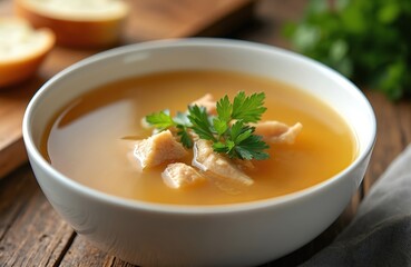 Close-up of warm, clear soup with tender chicken pieces and fresh parsley garnish served in white bowl on rustic wooden table. Delicious, healthy, homemade comfort food perfect for lunch or dinner.