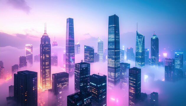 Futuristic city skyline with neon lights in evening fog suggesting tech innovation, cyberpunk aesthetics or digital transformation themes