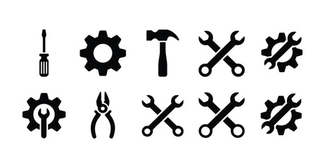 Set of black mechanical tool icons including wrench, gear, screwdriver, hammer, and pliers&mdash;symbols of repair, maintenance, and engineering