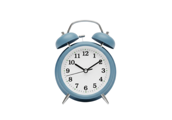 Retro twin bell alarm clock with loud ringing bell and classic analog display on a dark surface transparent background