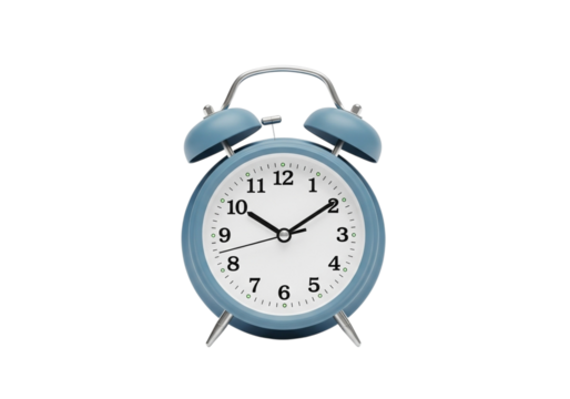 Retro twin bell alarm clock with loud ringing bell and classic analog display on a dark surface transparent background