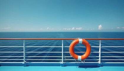 Orange life preserver hangs on railing of cruise ship deck. Calm blue ocean stretches to horizon under clear sky. Perfect scene for travel, vacation, summer holidays, maritime adventure.