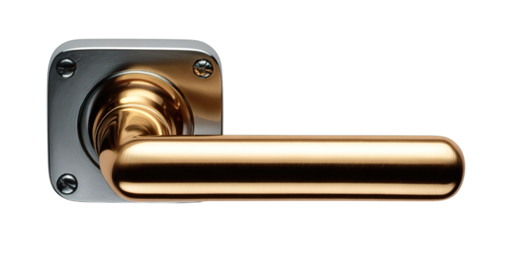Close-up of a brass door handle featuring a sleek design with a modern finish. transparent png