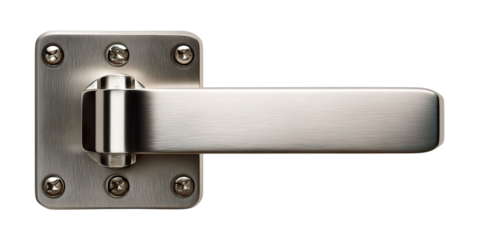 Close-up of a sleek, modern door handle, chrome finish with a minimalist design, highlighting its metallic texture and craftsmanship. transparent png