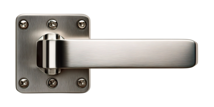Close-up of a sleek, modern door handle, chrome finish with a minimalist design, highlighting its metallic texture and craftsmanship. transparent png - Powered by Adobe