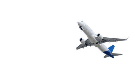 Obraz premium Sleek white commercial airplane with blue accents, dynamically ascending against a transparent studio background, ample negative space, sharp focus. Concept of global travel and progress
