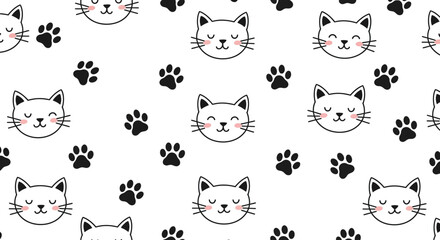 Adorable Cartoon Cat Faces and Paw Prints Seamless Pattern for Childrens Products and Pet Themed Designs