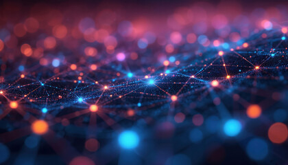 Vibrant digital network visualization with colorful nodes, connections, flowing data streams. Abstract futuristic concept representing big data analysis, communication, technology. Futuristic