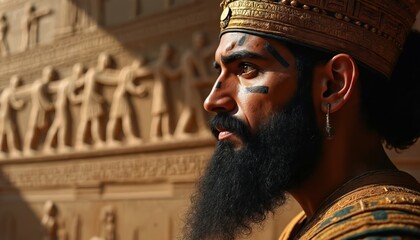 Ancient Akkadian ruler, possibly Naram-Sin, wears ornate crown, attire. Profile long beard, distinctive makeup, set against backdrop of relief carvings historical figures, inscriptions.