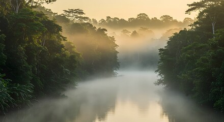 Fototapeta premium Serene Sunrise Mist over Lush Tropical River, Tranquil Nature Scene