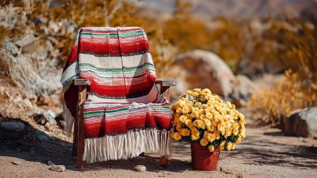A wooden chair draped with a vibrant striped blanket, situated outdoors in a desert setting, next to a pot of yellow flowers