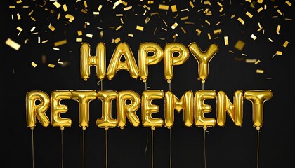 Golden balloons with “Happy Retirement” float elegantly as shimmering confetti falls against a deep black background, creating a cinematic, festive, and joyous celebration of achievement and farewell