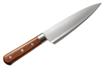 Chefs knife with wooden handle isolated on transparent background, a sharp tool used for cutting, slicing, chopping, and preparing food