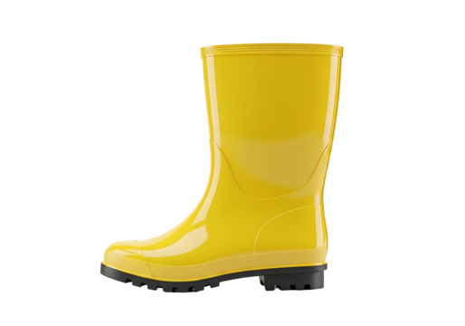 A bright yellow rain boot is displayed against a black background.