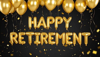 Golden balloons with “Happy Retirement” float elegantly as shimmering confetti falls against a deep black background, creating a cinematic, festive, and joyous celebration of achievement and farewell
