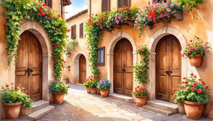 Fototapeta premium Quaint Mediterranean street with potted flowers and arched doors evokes charm, relaxation and European summer travel through colorful rustic ambiance