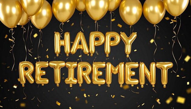 Golden balloons with “Happy Retirement” float elegantly as shimmering confetti falls against a deep black background, creating a cinematic, festive, and joyous celebration of achievement and farewell