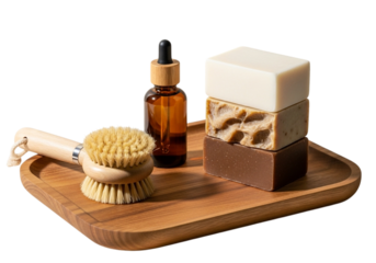 Natural skincare set featuring organic soap essential oil dropper and wooden face brush on a rustic tray transparent background