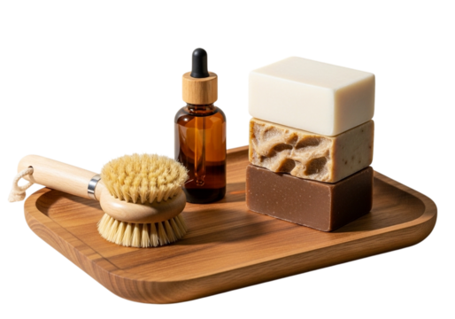 Natural skincare set featuring organic soap essential oil dropper and wooden face brush on a rustic tray transparent background