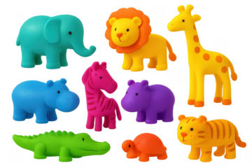 Colorful plastic animal toys isolated on transparent background