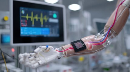 Close view of a biosensor patch secured on a synthetic arm model during factory calibration interface screen softly blurred behind focusing on advanced heart sound analysis