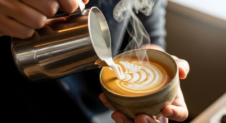 Barista pouring latte art coffee