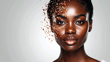A human face is completely pixelated against a clean white studio background, creating a modern, abstract, and digital-inspired portrait that emphasizes anonymity, privacy, and artistic distortion