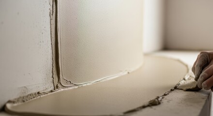Smooth limeplaster curved corner under construction displaying wet fresh plaster and precise finishing touches.