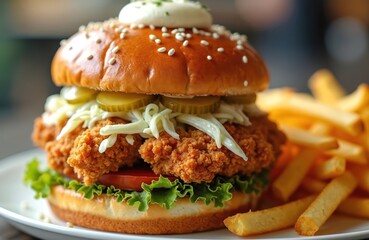 Enjoy delicious crispy fried chicken burger loaded with fresh coleslaw, tangy pickles on soft brioche bun. Served alongside golden french fries, classic American fast-food meal offers juicy, crunchy,