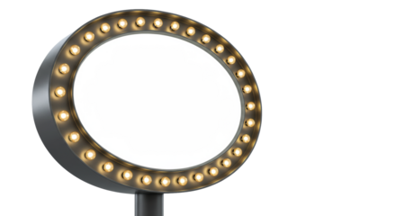 Isolated retro oval metallic marquee sign with illuminated bulbs and a blank screen, in a clean neutral studio with ample copy space, 3/4 angle. Concept of dynamic communication