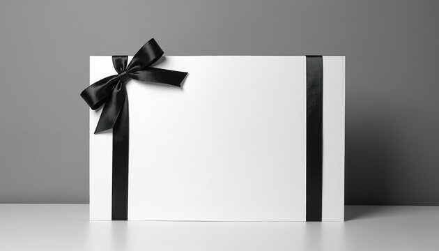 Blank white card with elegant black ribbon and bow accent. Minimalist design, perfect for invitations, thank you notes, or sympathy cards. Simple, clean template for messages and greetings. - Powered by Adobe