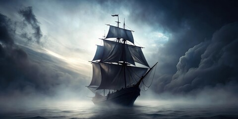 Fototapeta premium A Majestic Sailing Vessel Navigates Through a Dark and Misty Sea Under a Dramatic Sky