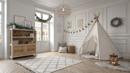 Photoreal Southern craftsman kids room in royal class design featuring paper lantern pendant and linen white and walnut palette