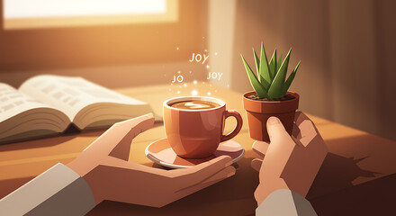Vector Illustration of Joyful Morning Routine with Coffee, Plant, and Book in Warm Sunlight
