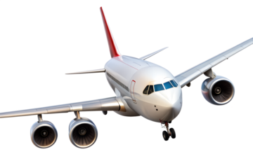 Commercial airplane with four engines isolated on transparent background is ready for takeoff on a bright sunny day for a long journey