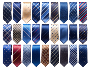 Top-Down Flat Lay of Folded Neckties in Modern Prints and Colors, Isolated PNG