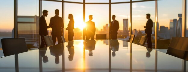 Silhouettes of business professionals in a high-rise boardroom during golden hour reflecting corporate networking and modern work culture