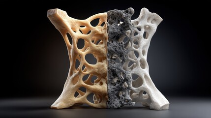 National Centenarian’s Day. 3D rendering of bone density comparison between young adult and centenarian, medical educational style, realistic textures, detailed visualization