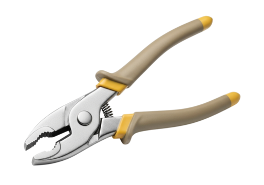 A sturdy metal slip-joint pliers with textured handles and yellow accents isolated against a transparent background