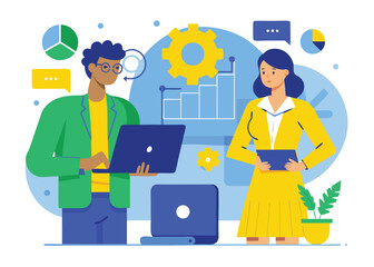 Business Team Collaboration with Data Analysis and Technology for Success and Growth