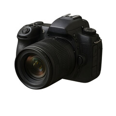 Fototapeta premium Sleek Black DSLR Camera Capturing Moments with Precision on a Transparent Background for Design Integration