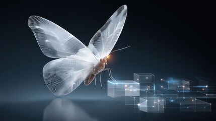 A digital butterfly with translucent wings, interacting with glowing cubes in a dark background, symbolizing technology and nature.