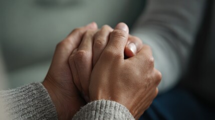 Medium shot of a comforting hand squeeze between two people focus on connection amidst an indistinct background symbolizing emotional support.