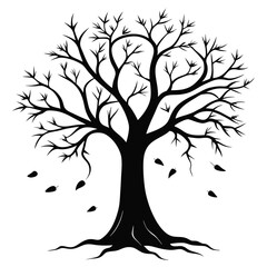 Bare Tree Silhouette with Falling Leaves, Root System Visualized in Black