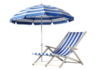 Blue and white striped beach umbrella and chair isolated on transparent background, perfect for summer vacation and relaxation, sun protection and shade