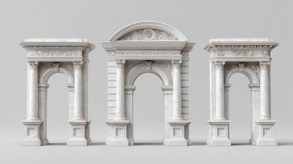 Fototapeta premium Three intricately designed white stone arches showcase classical architectural elements, highlighting elegant columns and detailed relief work.