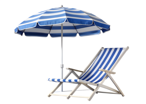 Blue and white striped beach umbrella and chair isolated on transparent background, perfect for summer vacation and relaxation, sun protection and shade