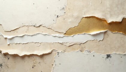 Obraz premium Vintage collage of aged paper textures with torn edges, subtle gold accents. Features weathered, crumpled, stained, scratched elements. Offers minimalist aesthetic with negative space for copy,