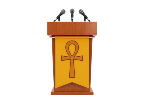 Ancient egyptian ankh symbol on a podium with microphones ready for a presentation or speech transparent background